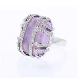 Purple Amethyst Cabochon Ring w/ Diamond Accent in 14K White Gold - REF-186N5A