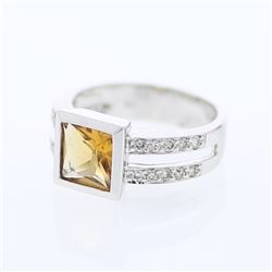 Princess Citrine Ring w/ Prong-set Split-shank Diamonds in 18K White Gold - REF-77X3Y