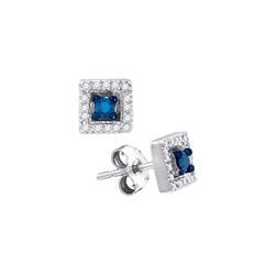 0.21 CTW Blue Colored Diamond Square Solitaire Stud Earrings 10K White Gold