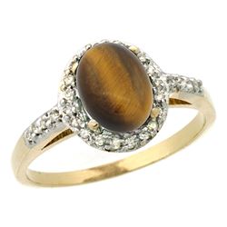 Natural 1.16 ctw Tiger-eye & Diamond Engagement Ring 14K Yellow Gold - REF-30F9N