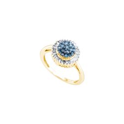 0.5 CTW Baguette Blue Colored Diamond Cluster Ring 10K Yellow Gold