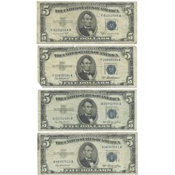 1953 $5 Silver Certificate Currency Lot of 4
