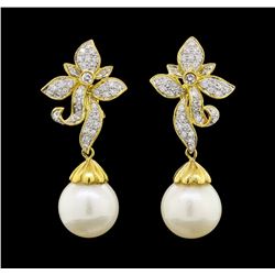 Pearl and Diamond Earrings - 18KT Yellow Gold