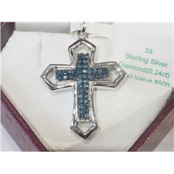 #39-STERLING SILVER BLUE DIAMONDCROSS PENDANT