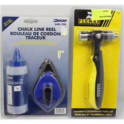 LOT WITH NEW CHALK LINE REEL  AND FIXMAN HAMMER