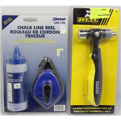 LOT WITH NEW CHALK LINE REEL  AND FIXMAN HAMMER