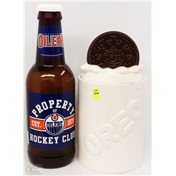 LOT WITH OREO COOKIE JAR AND OILERS PIGGY BANK