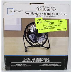 MAINSTAYS 4INCH METAL FAN PLUGS INTO USB PORT