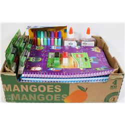 XL FLAT OF SCHOOL SUPPLIES ,11 SCRIBBERS,GLUE,GITT