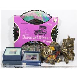 VINTAGE CARNIVAL GLASS W/ FISH AND 2 GLASS COASTER