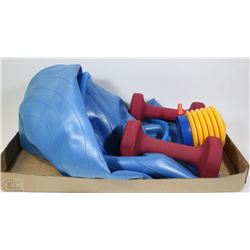 EXERCISE BALL W/ PUMP AND SET OF 8LB WEIGHTS