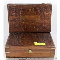 LOT OF 2 WOODEN BOXES WITH BURGUNDY VELVET LINING