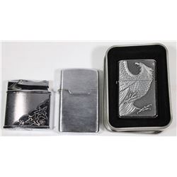 FLAT WITH 3 ZIPPO LIKE LIGHTERS INCL AMERICAN