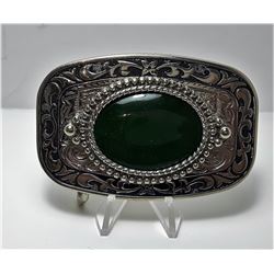 VINTAGE SILVER TONE & JADE BELT BUCKLE