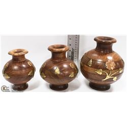 3 MATCHING TEAK VASES