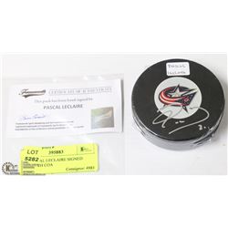136) PASCAL LECLAIRE SIGNED PUCK WITH COA