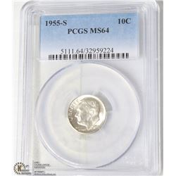 122) USA 1955-S 10CENT PCGS MS64