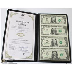 146) USA UNCUT SHEET OF $1 BILLS, TOTAL 4 WITH COA