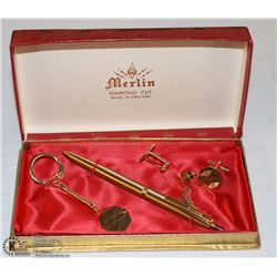 VINTAGE MERLIN DIAMOND CUT CUFFLINKS . TIE TAC