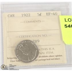 1922 ICCS GRADED FIVE CENT CANADIAN COIN