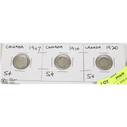 CANADA 1907, 1910 AND 1920 FIVE CENT COINS