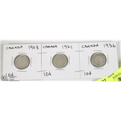 CANADA 1903, 1921 AND 1936 TEN  CENT COINS