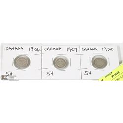 CANADA 1906-1907 AND 1920 FIVE CENT COINS