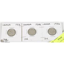 CANADA 1913, 1928 AND 1936 TEN  CENT COINS