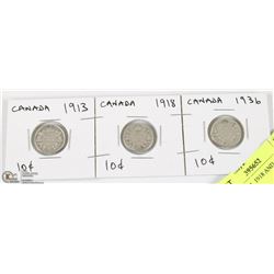 CANADA 1913, 1918 AND 1936 TEN  CENT COINS