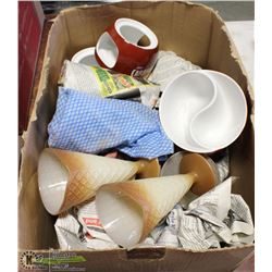 BOX OF GLASS WAFFLE CONE CUPS AND MORE