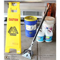 WET FLOOR SIGN WITH 2 MOP HANDLES, 2 BLEACH,