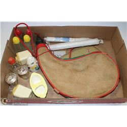BOX WITH SALT & PEPPER SHAKERS, WINE SKIN AND MORE