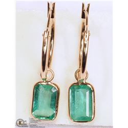 #34-14K YELLOW GOLD EMERALD HOOP EARRINGS
