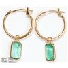 Image 2 : #34-14K YELLOW GOLD EMERALD HOOP EARRINGS
