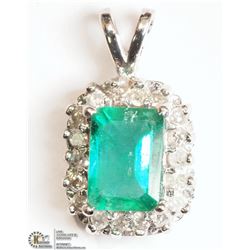 #37-14K WHITE GOLD EMERALD & DIAMOND PENDANT