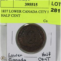 1837 LOWER CANADA CITY BANK HALF CENT