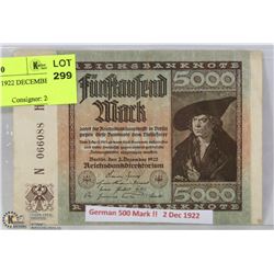 GERMAN 500 MARK 1922 DECEMBER 2