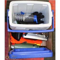 BOX WITH COLEMAN COOLER AND CAMPING SUPPLIES
