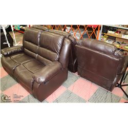 BROWN LEATHERETTE RECLINING CHAIR AND 2 LOVE SEATS