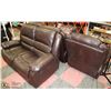 Image 1 : BROWN LEATHERETTE RECLINING CHAIR AND 2 LOVE SEATS