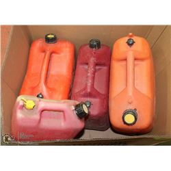 LARGE BOX WITH 4 JERRY GAS CANS