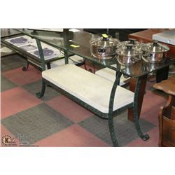 GLASS TOP CAST IRON TABLE SET INCL COFFEE TABLE,