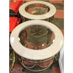 PAIR OF MARBLE/GLASS/METAL END TABLES