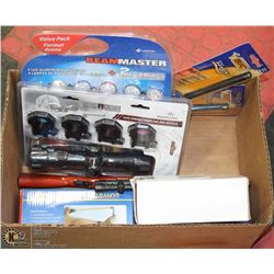BOX OF NEW PRODUCTS INCL SLINGSHOT, LIGHTERS