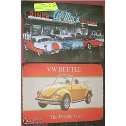 2 TIN SIGNS INCL VW BEETLE AND AL MACS DINER