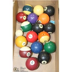 BOX W ASSORTED STANDARD SIZE POOL BALLS