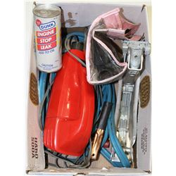 BOX WITH CAR VACUUM, BOOSTER CABLES, TRAILER JACK