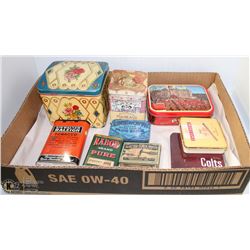 BOX W/9 VINTAGE COLLECTIBLE TINS INCL. SIR