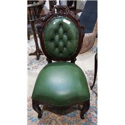 CARVED MAHOGANY AND LEATHER PARLOUR CHAIR