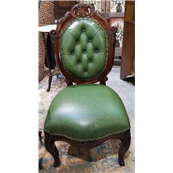 CARVED MAHOGANY AND LEATHER PARLOUR CHAIR